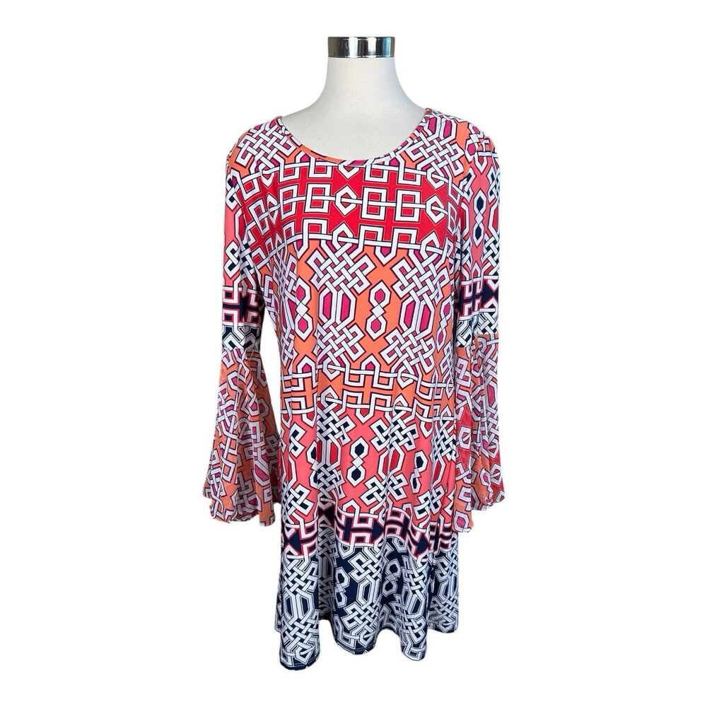 MSK Lattice Printed Dress Split Bell Sheer Sleeve Sz XL Workwear Orange Pink
